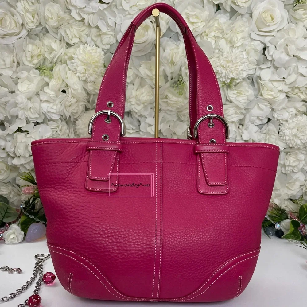 Y2K Vintage Coach Hot Pink Pebble Leather Tote Bag & Strawberry Charm Chain SET - Picture 8 of 16